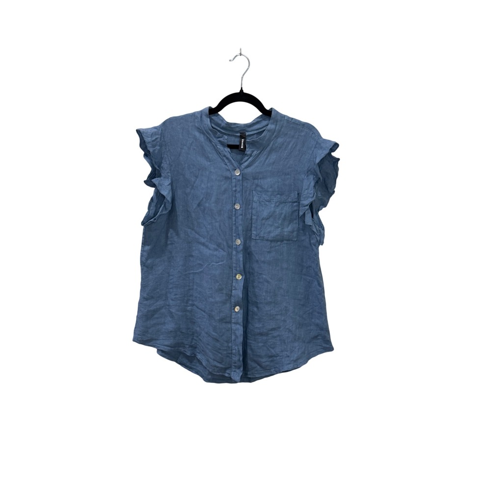 Venti6 Womens Blue 100% Linen‎ Flutter Sleeve Button Down Top Made in Italy Sz M